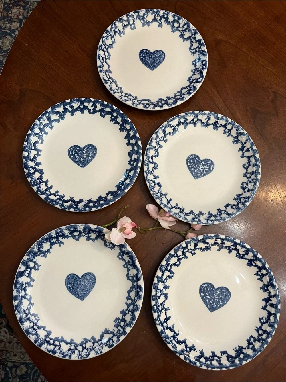5 VTG Tienshan Folk Craft Blue Hearts Spongeware Salad Dessert Plates, 7.5”